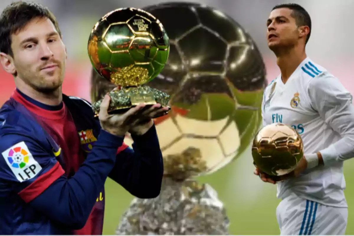 Two footballers holding Ballon d'Or trophies.