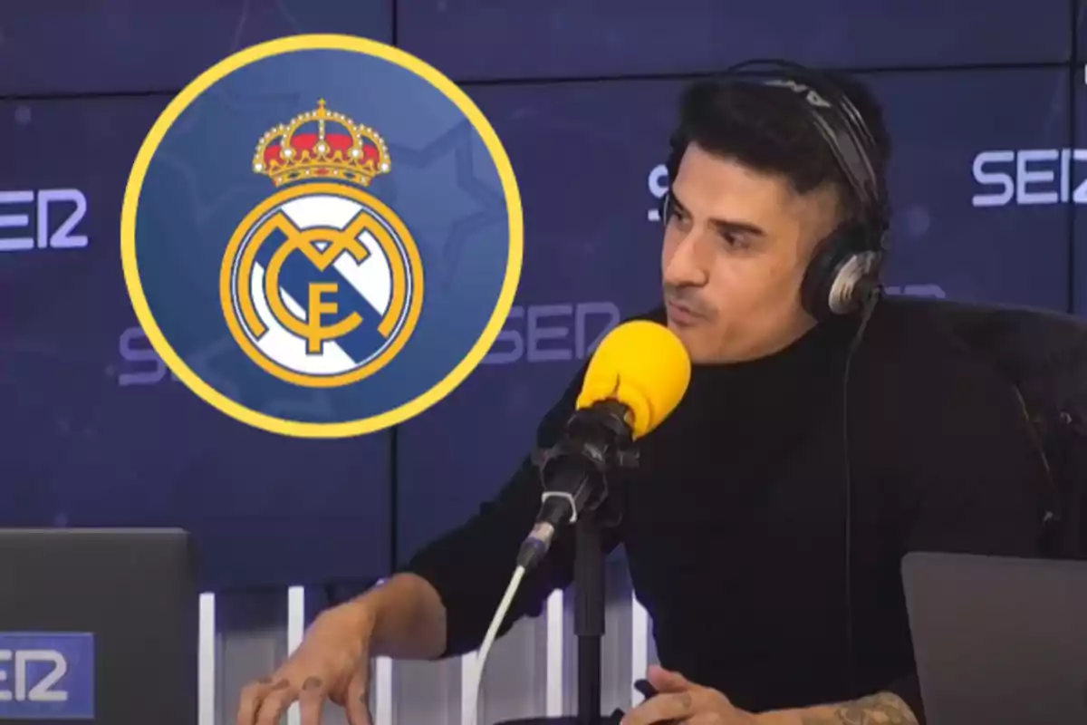 A man with headphones and a yellow microphone in a radio studio with the Real Madrid logo superimposed.