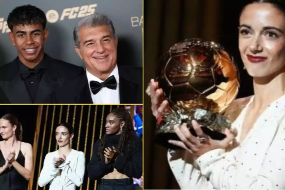 People dressed in evening dress at an event, a woman holding a golden trophy resembling a soccer ball.