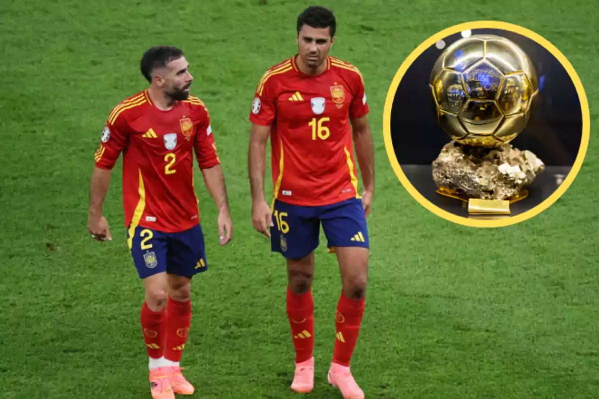 Two footballers in the red and blue uniforms of the Spanish national team walk across the soccer field, with a golden trophy in a yellow circle in the upper right corner.