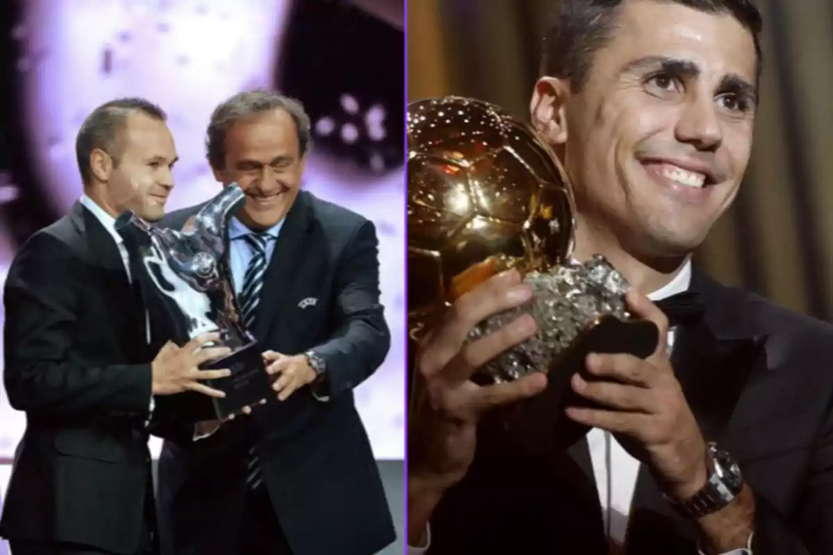 Two images of footballers receiving trophies at award ceremonies.