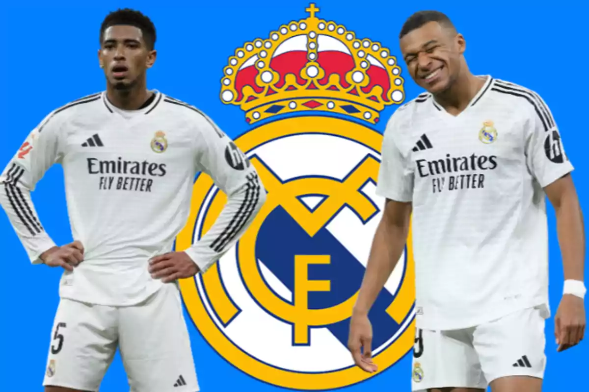 Two soccer players wearing Real Madrid uniforms pose in front of the team's crest on a blue background.