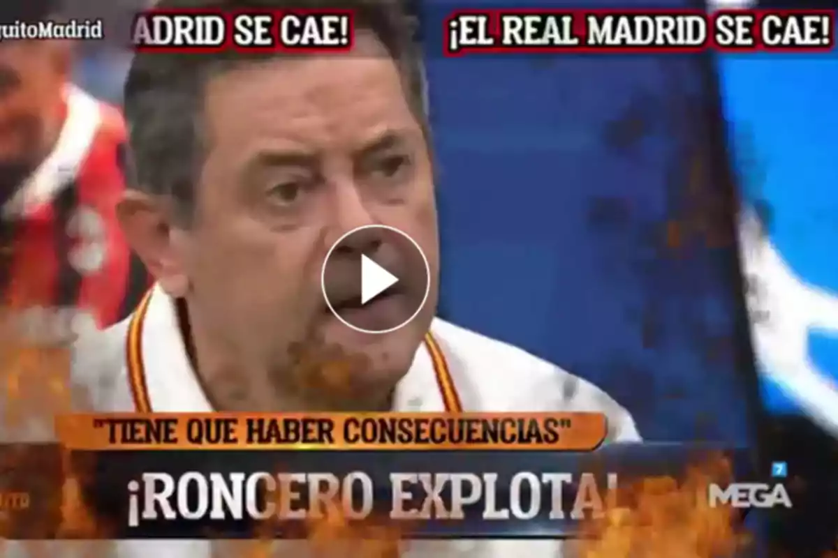 An angry man appears on a TV show with graphics saying that Real Madrid is falling and that there must be consequences.