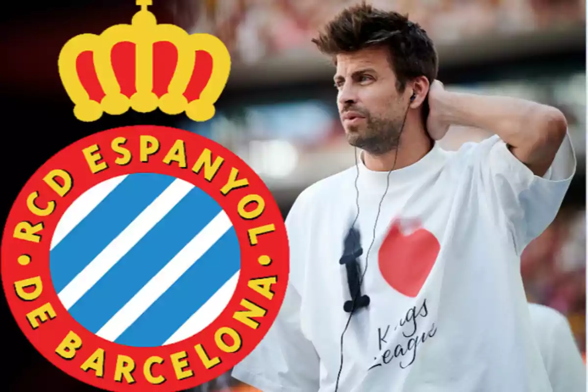 A man wearing a white t-jersey and headphones next to the RCD Espanyol de Barcelona crest.