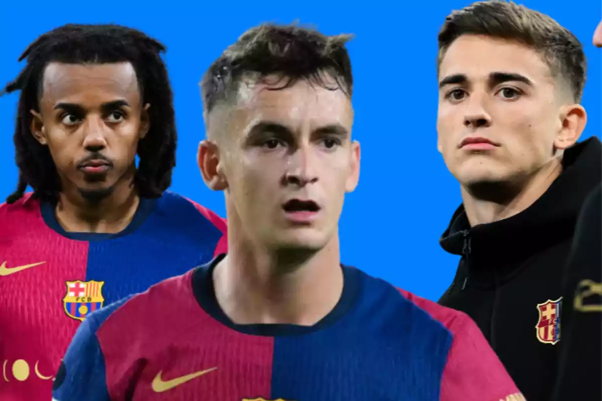 Three soccer players wearing FC Barcelona jerseys on a blue background.