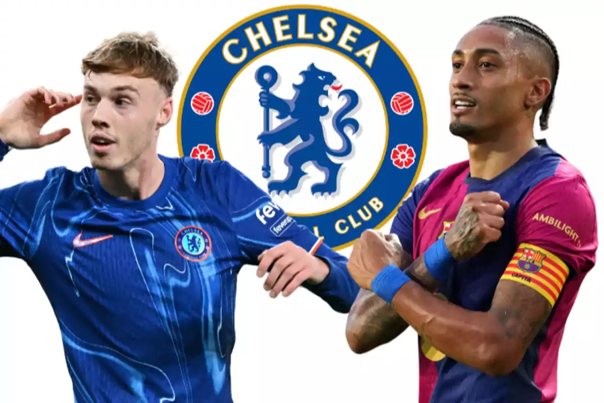 Two footballers in Chelsea and Barcelona uniforms pose in front of the Chelsea logo.