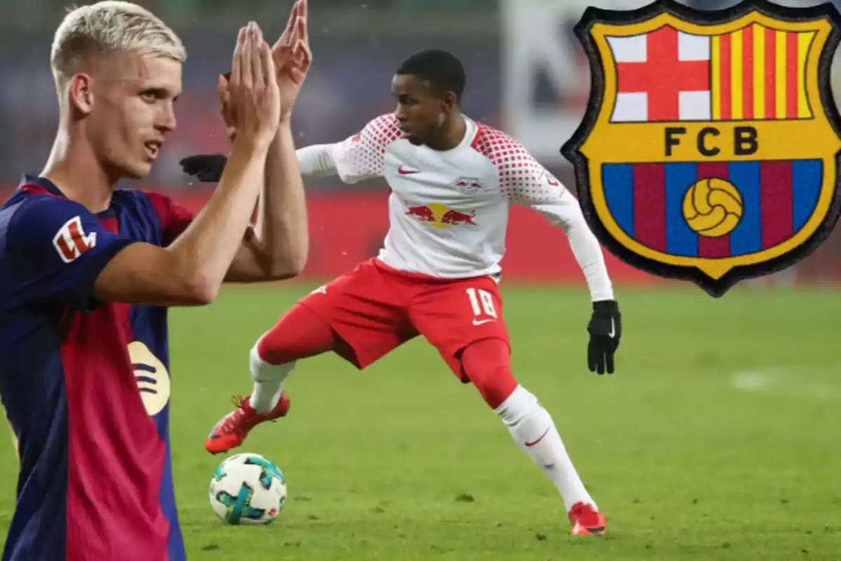 Two players in action with the FC Barcelona crest in the background.