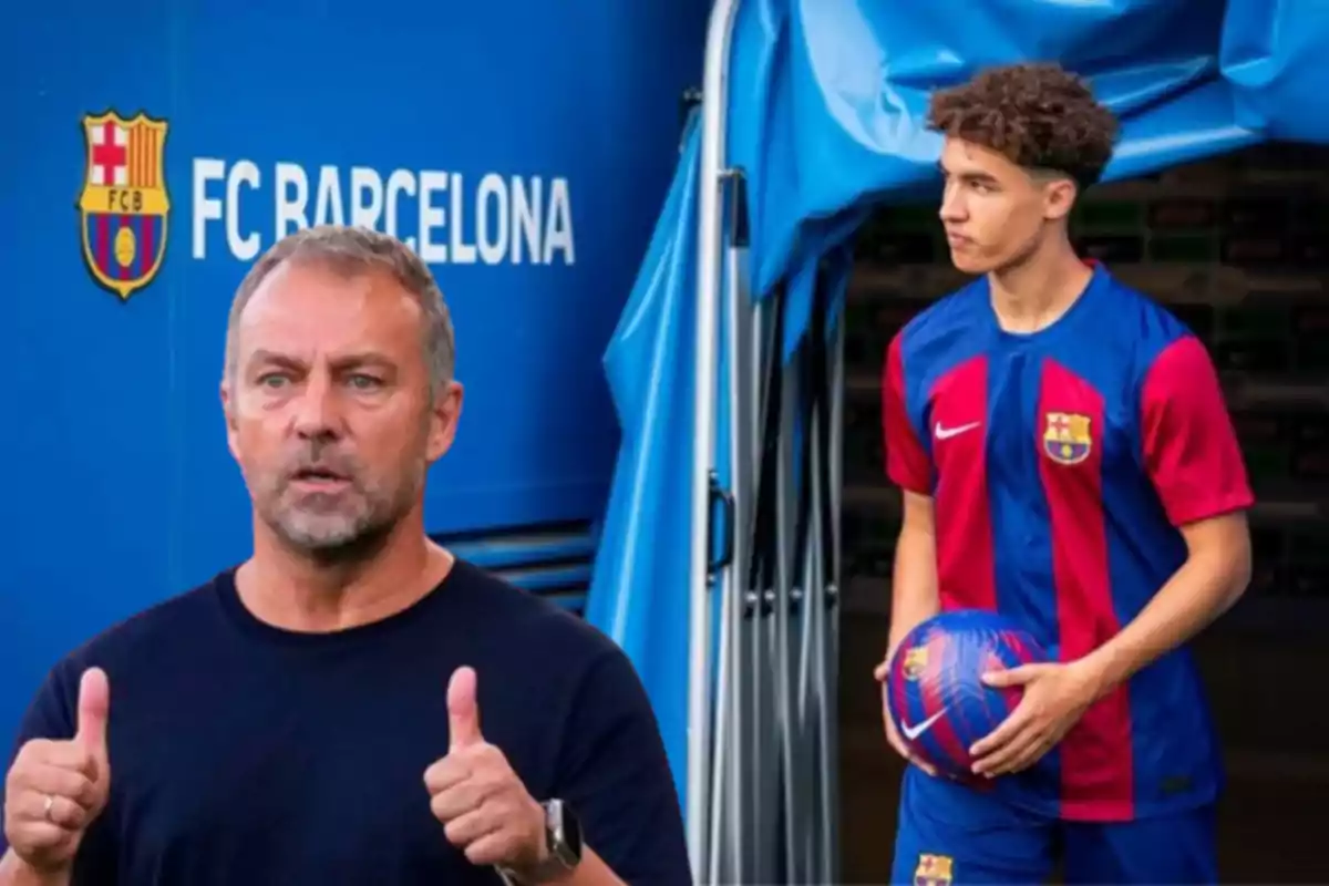 A man in a dark blue T-jersey gives a thumbs-up gesture as a young man in an FC Barcelona uniform holds a ball near an entrance bearing the club's logo.