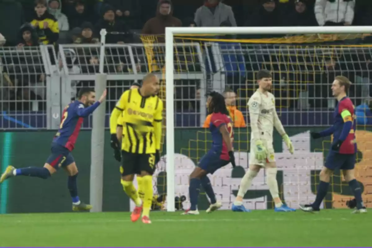 Soccer players celebrate a goal in a match while the goalkeeper and other players watch.