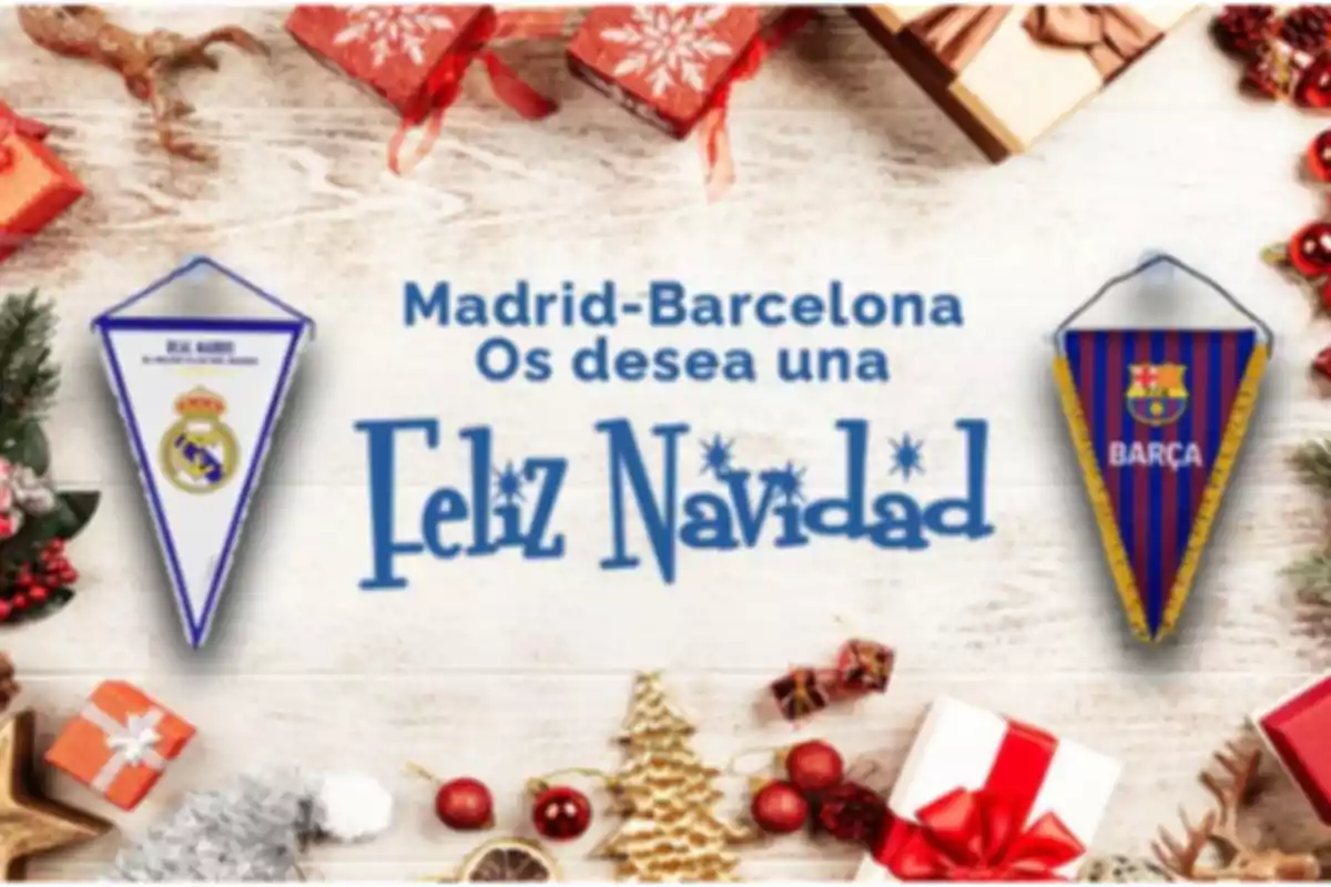 Image of a Christmas message with soccer team crests and festive decorations.