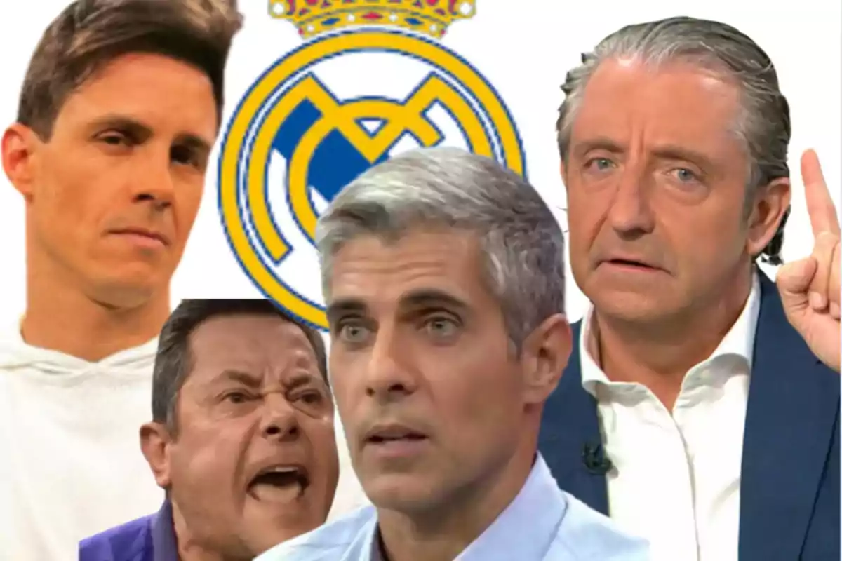 A group of people with serious expressions and the Real Madrid logo in the background.