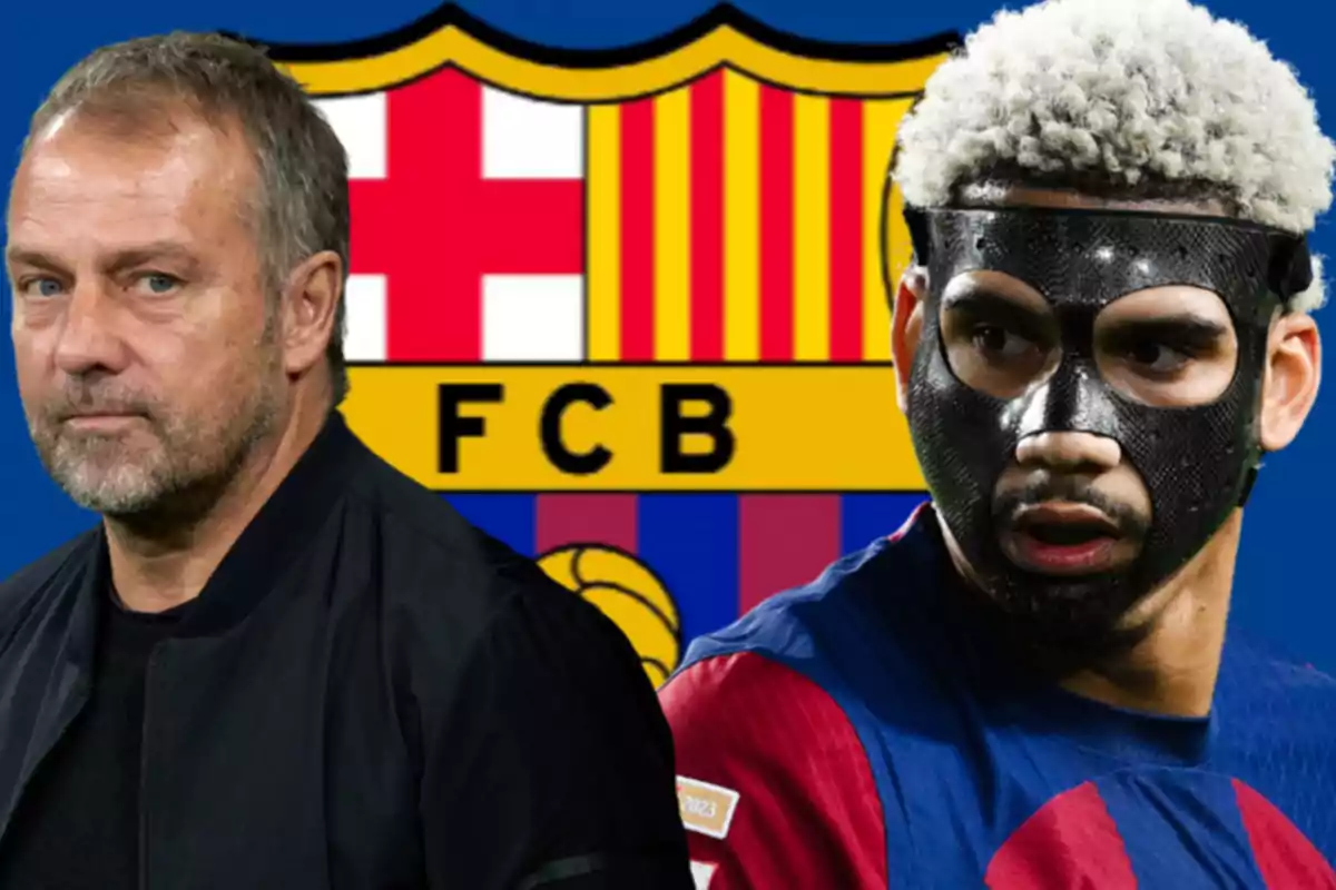 Two men in front of the FC Barcelona crest, one in a black jacket and the other in a black mask.