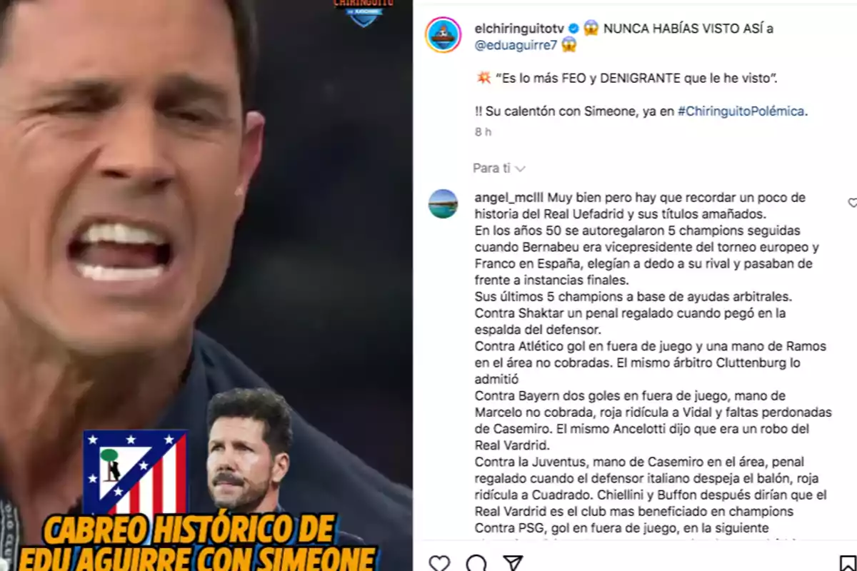 An angry-looking man appears on a TV show, with a graphic showing another man and a soccer team logo. To the right, there is a social media caption mentioning an argument about soccer and referees. An angry-looking man appears on a TV show, with a graphic showing another man and a soccer team logo. To the right, there is a social media caption mentioning an argument about soccer and referees.