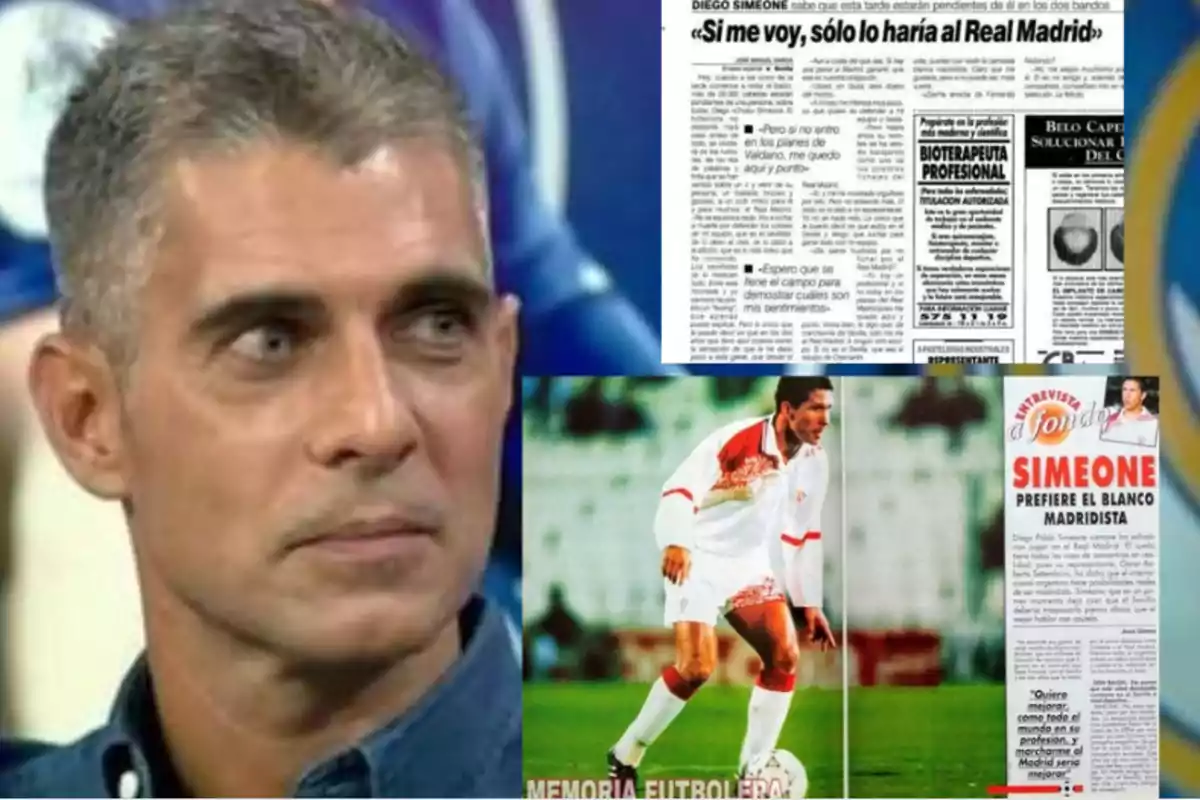 A grey-haired man appears in a collage that includes newspaper clippings and an image of a footballer in action.