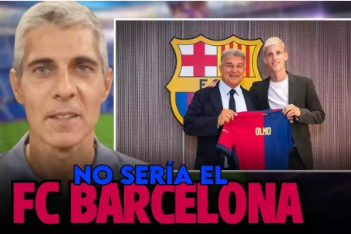 A man with grey hair appears on the left and on the right there is an image of two people holding a soccer jersey with the name A man with grey hair appears on the left and on the right there is an image of two people holding a soccer jersey with the name