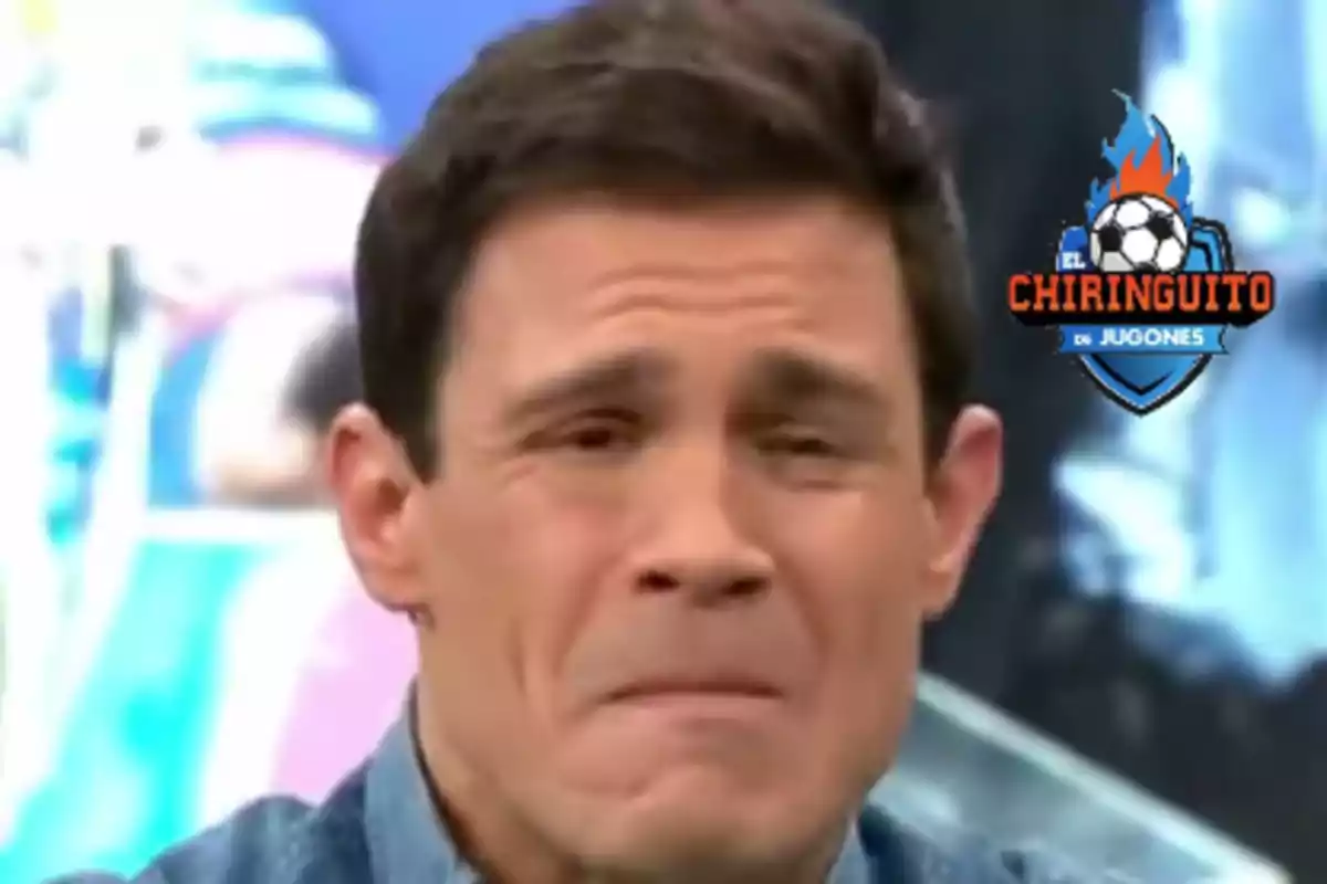 A man with an intense emotional facial expression on a television show with the "El Chiringuito de Jugones" logo in the corner.