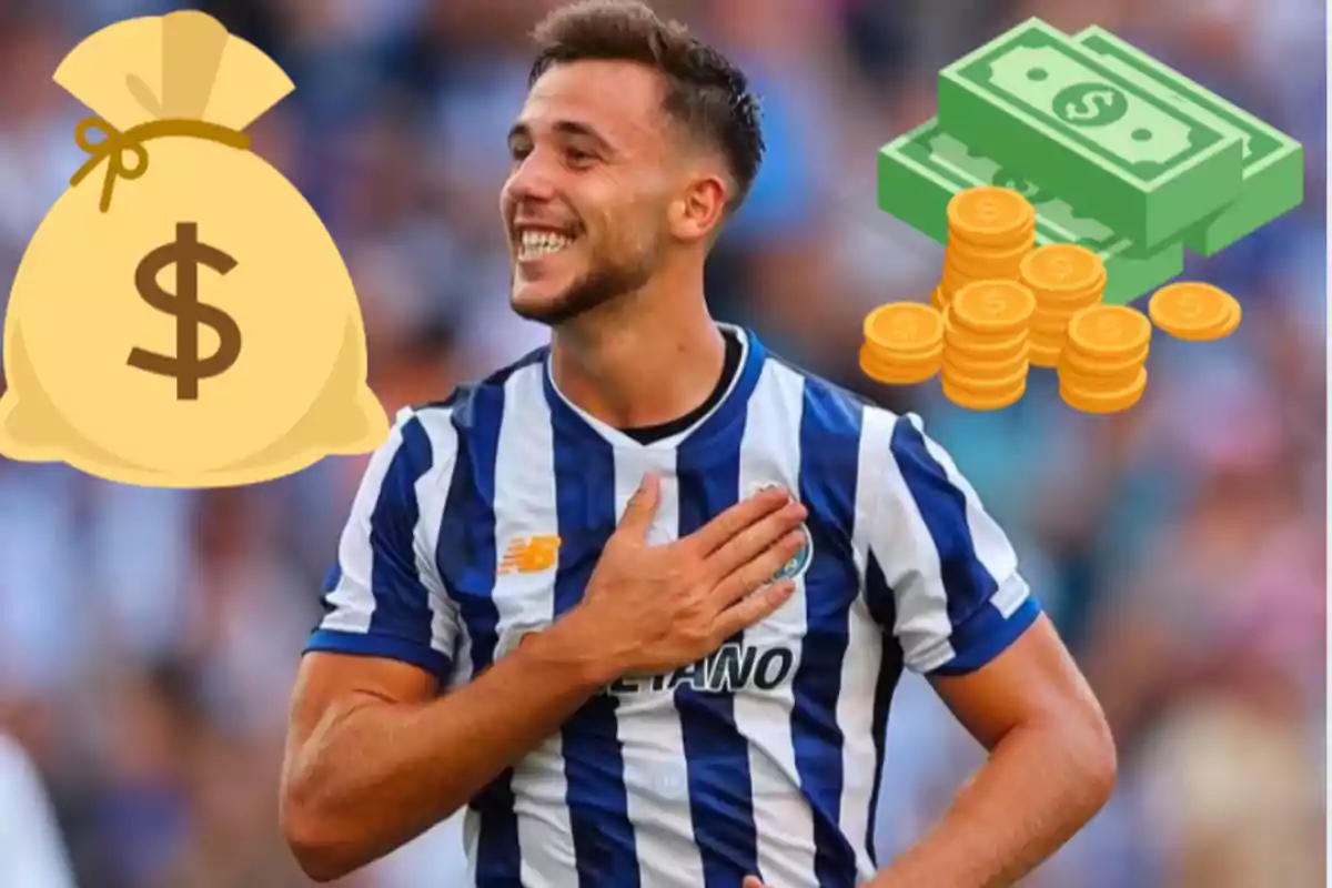 A smiling player in a blue and white striped jersey touches his chest as money graphics appear around him.