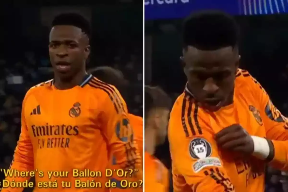 A player in the orange Real Madrid uniform appears in two images, in one looking forward and in the other pointing to the badge on the jersey, with subtitles in English and Spanish that say "Where is your Ballon d'Or?".