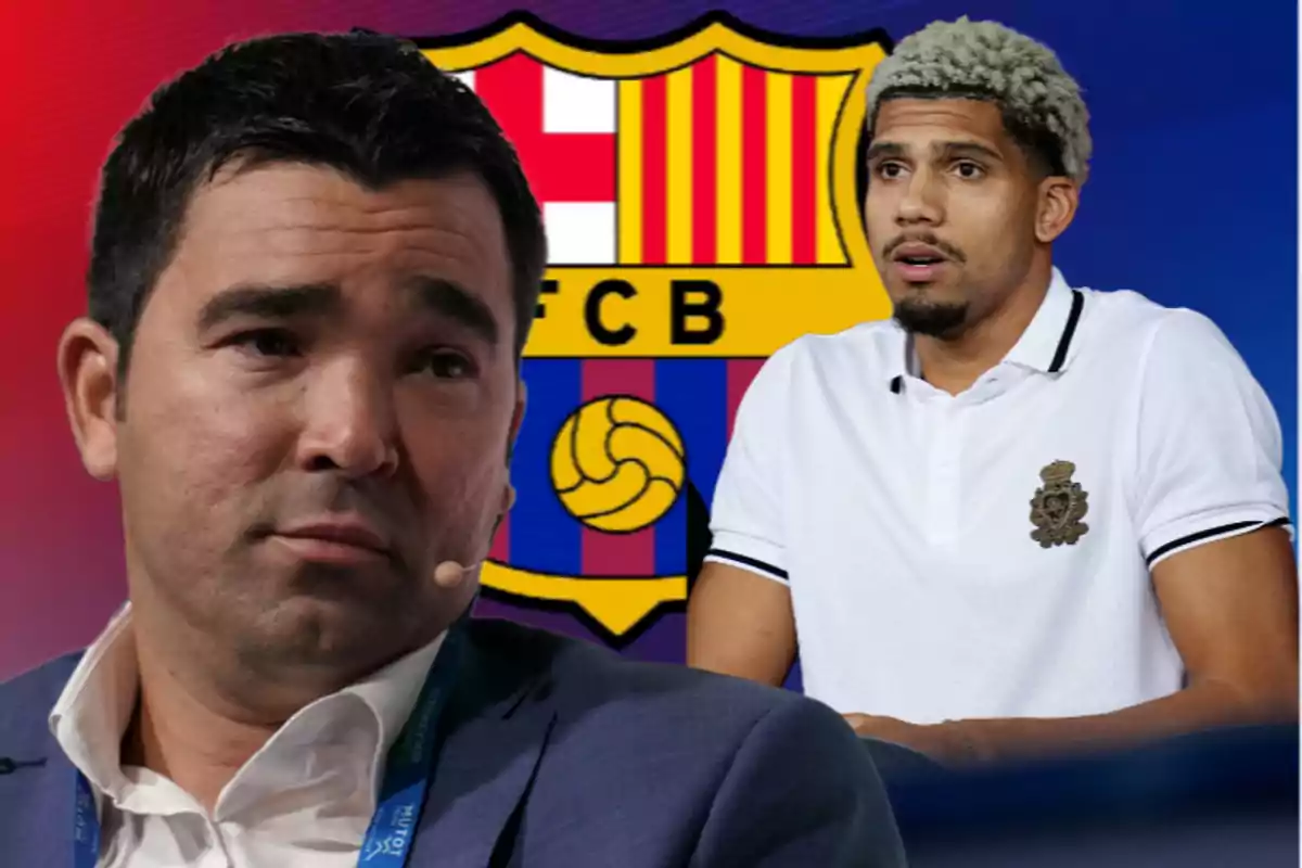 Two men in the foreground with the FC Barcelona crest in the background.