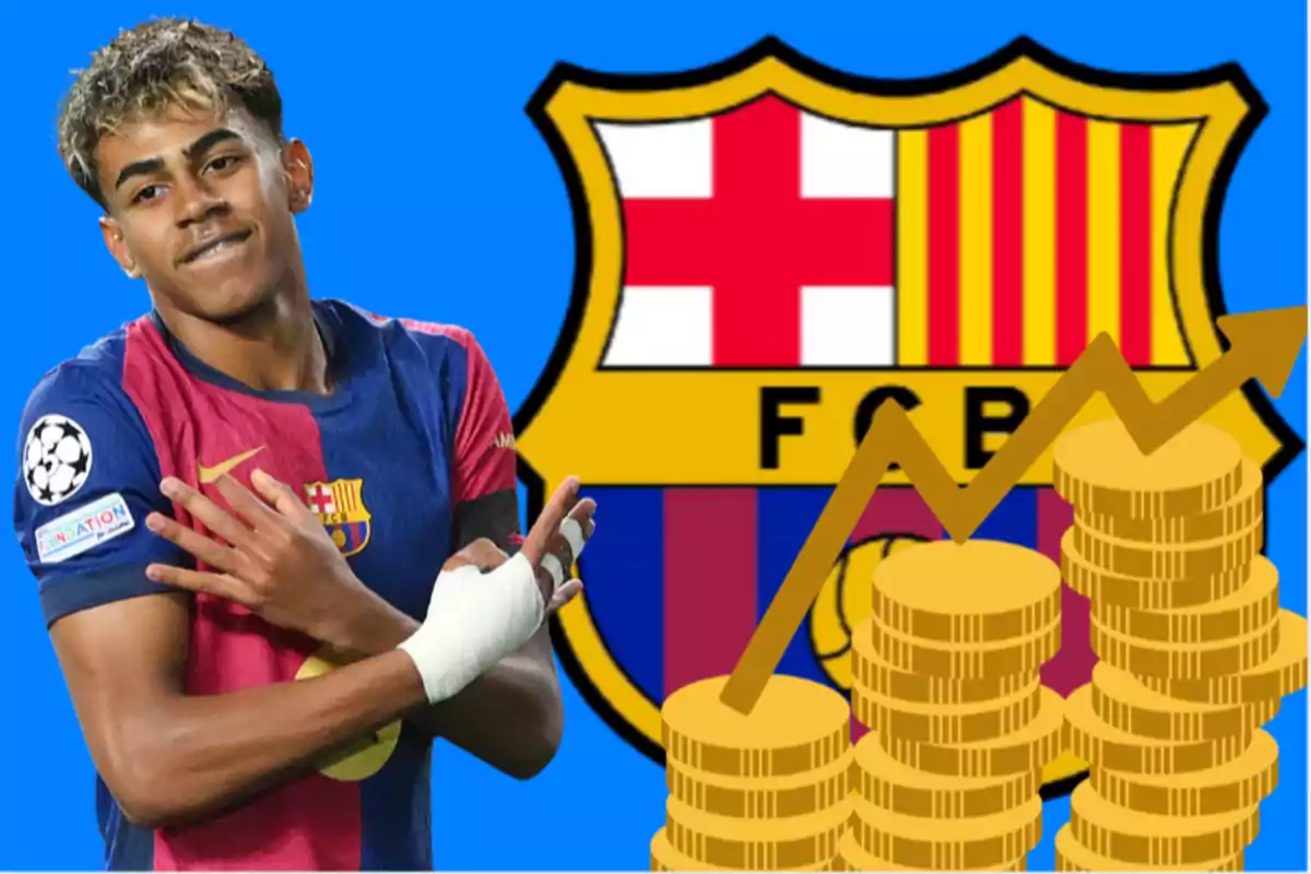 A player in the FC Barcelona uniform poses in front of the club's emblem, next to a rising coins graphic.