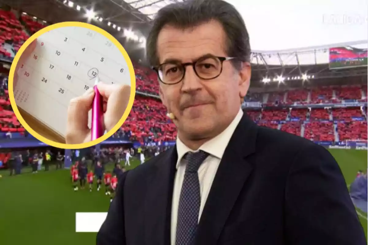 A man with glasses and a suit is in a football stadium full of spectators, with an overlaid image of a calendar and a hand marking a date.