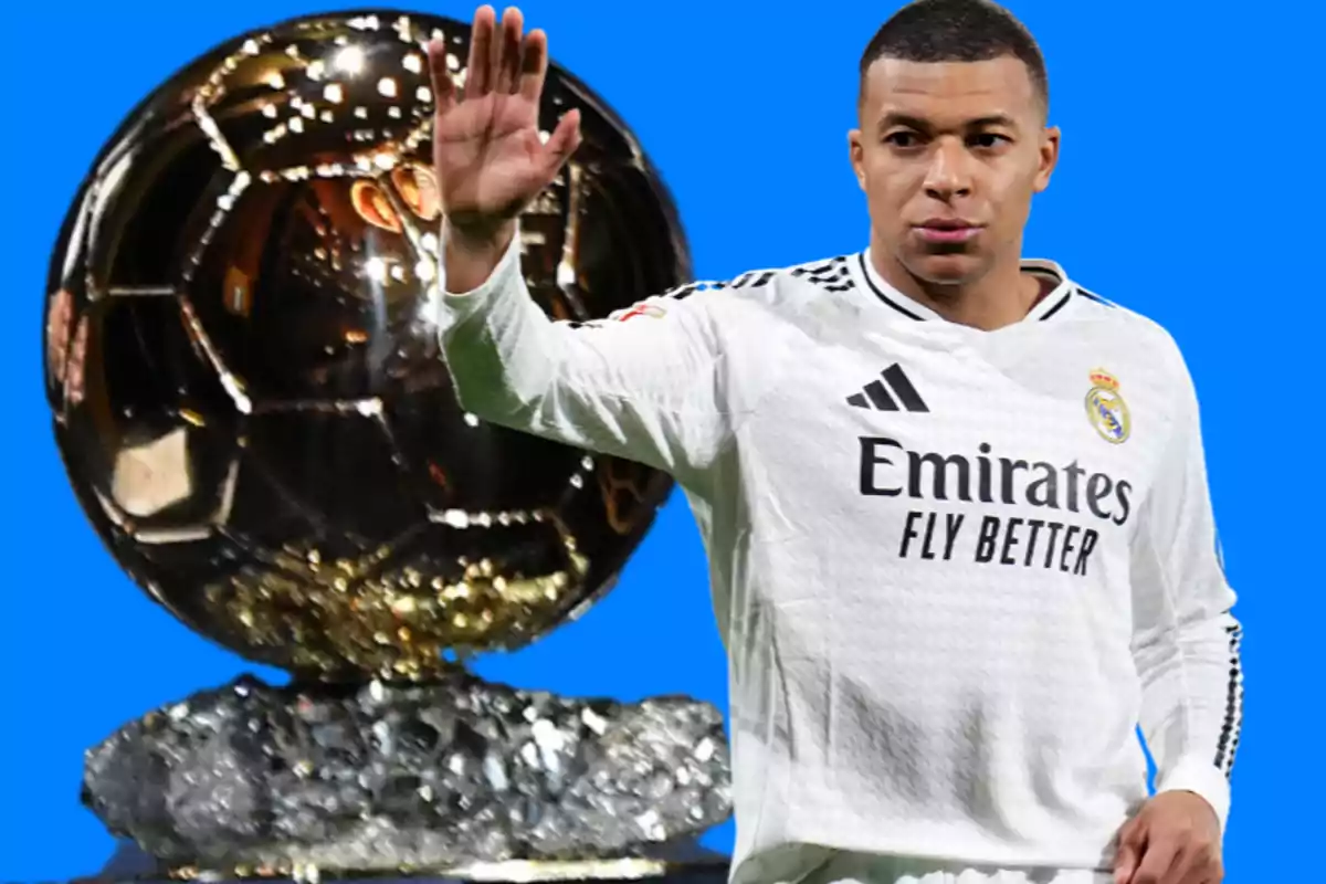 A player in a white uniform raises his hand in front of a golden trophy against a blue background.