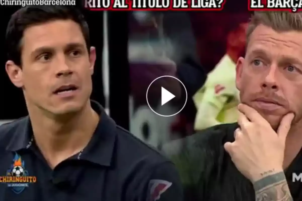 Two people on a sports television show discuss the league title, with a graphic at the top raising the question about Barcelona.