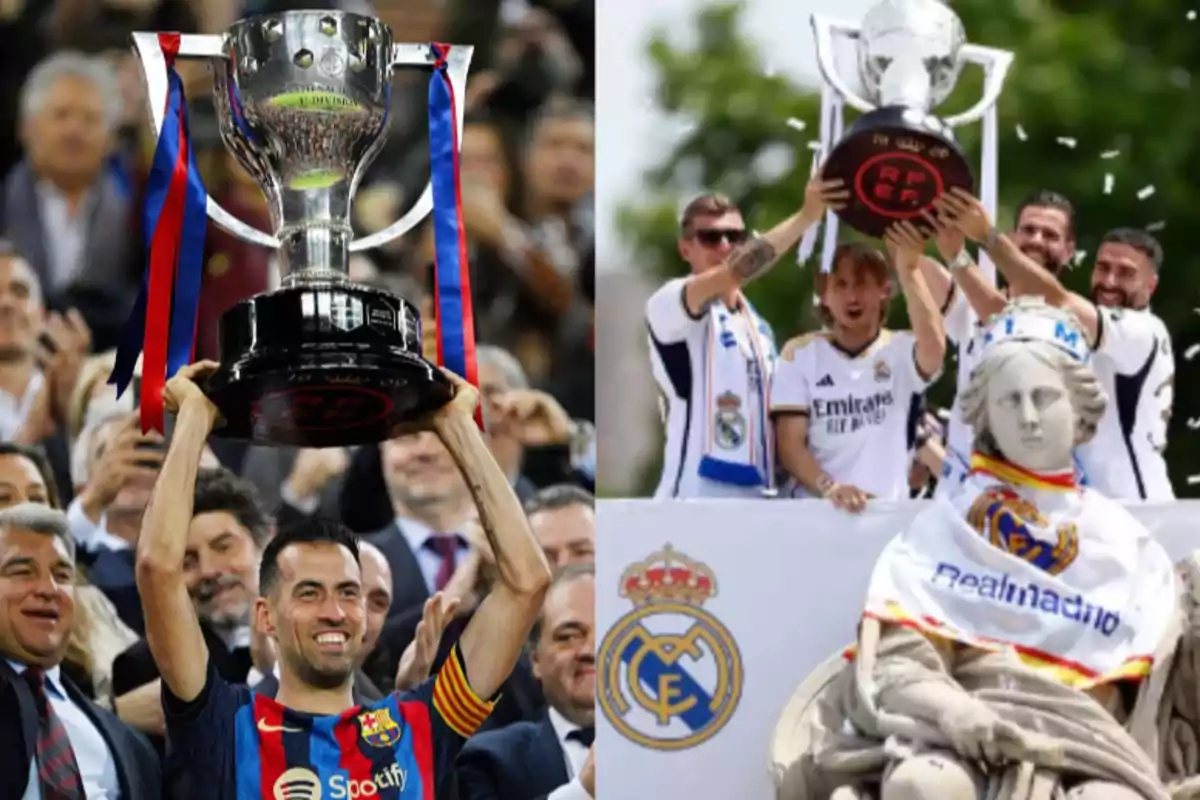 Two images show football teams celebrating with trophies; on the left, a Barcelona player lifts a trophy surrounded by people, while on the right, Real Madrid players celebrate with a trophy next to a statue decorated with a team scarf.