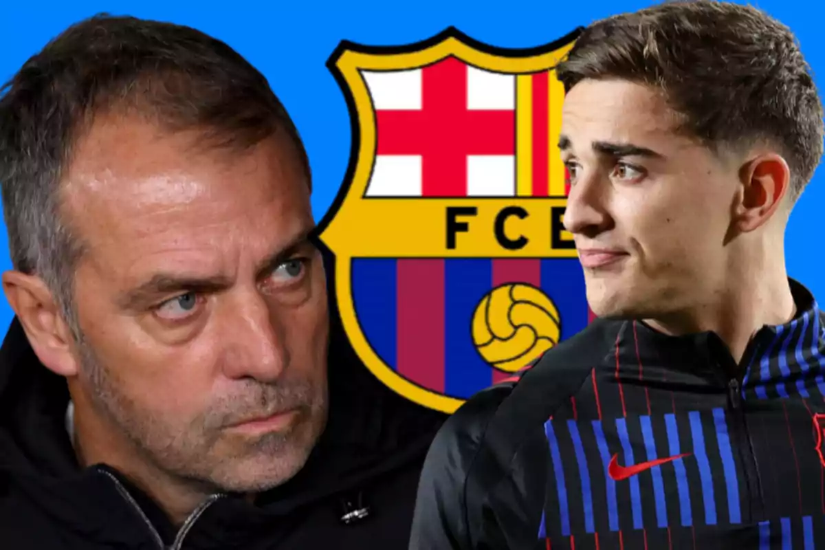 Two people looking at each other in front of an FC Barcelona shield with a blue background.