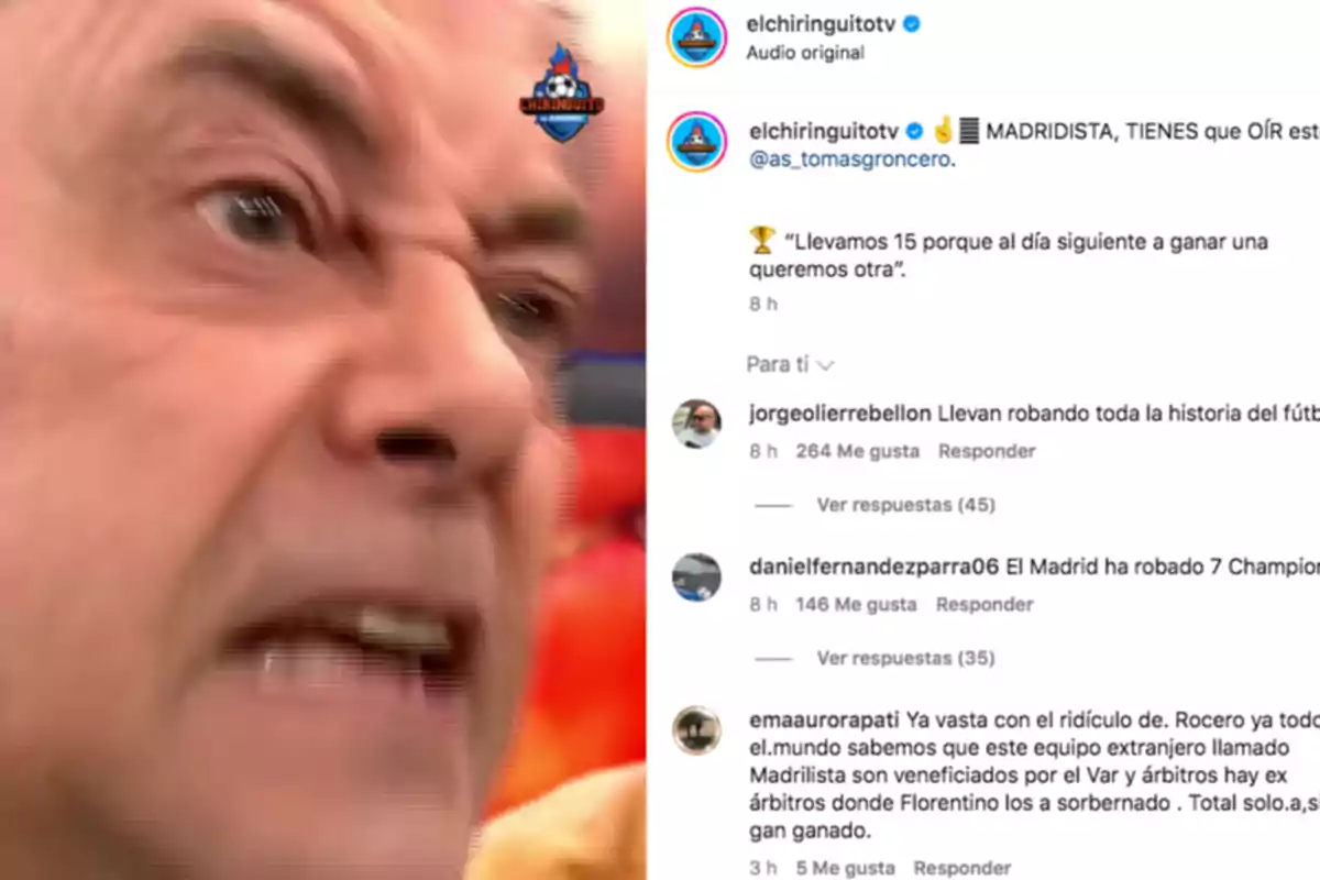 Close-up of a person with an intense expression next to a screenshot of an Instagram post from the "elchiringuitotv" profile that includes user comments about soccer.