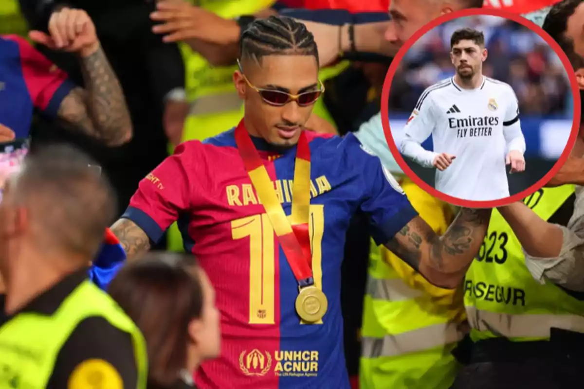 A player with sunglasses and a medal, surrounded by people, wears a blue and red jersey with the name "Raphinha"; in an overlapping circle, another player in a white jersey.