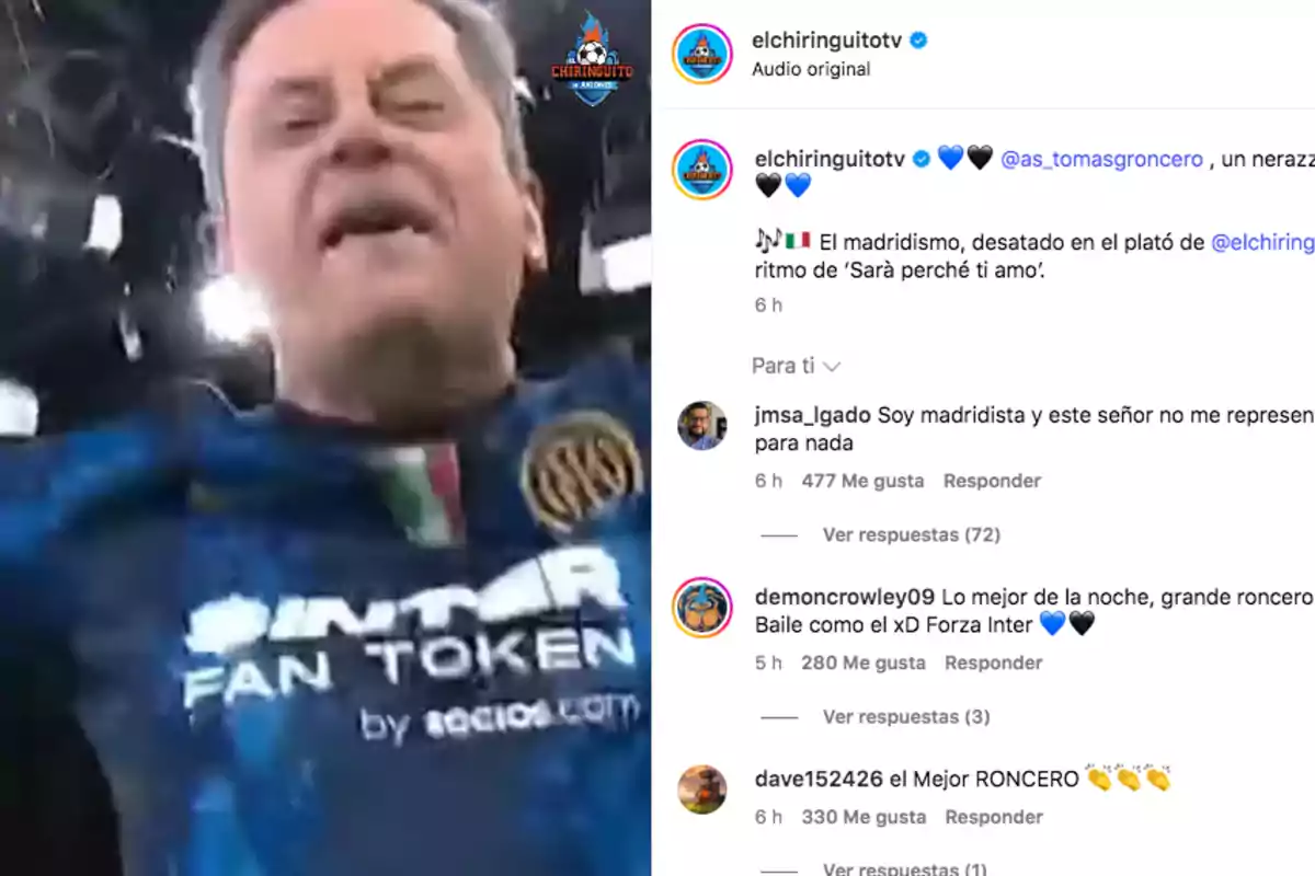 A man wearing an Inter Milan jersey appears in a video, while various reactions from users can be seen in the comments section of a social network.