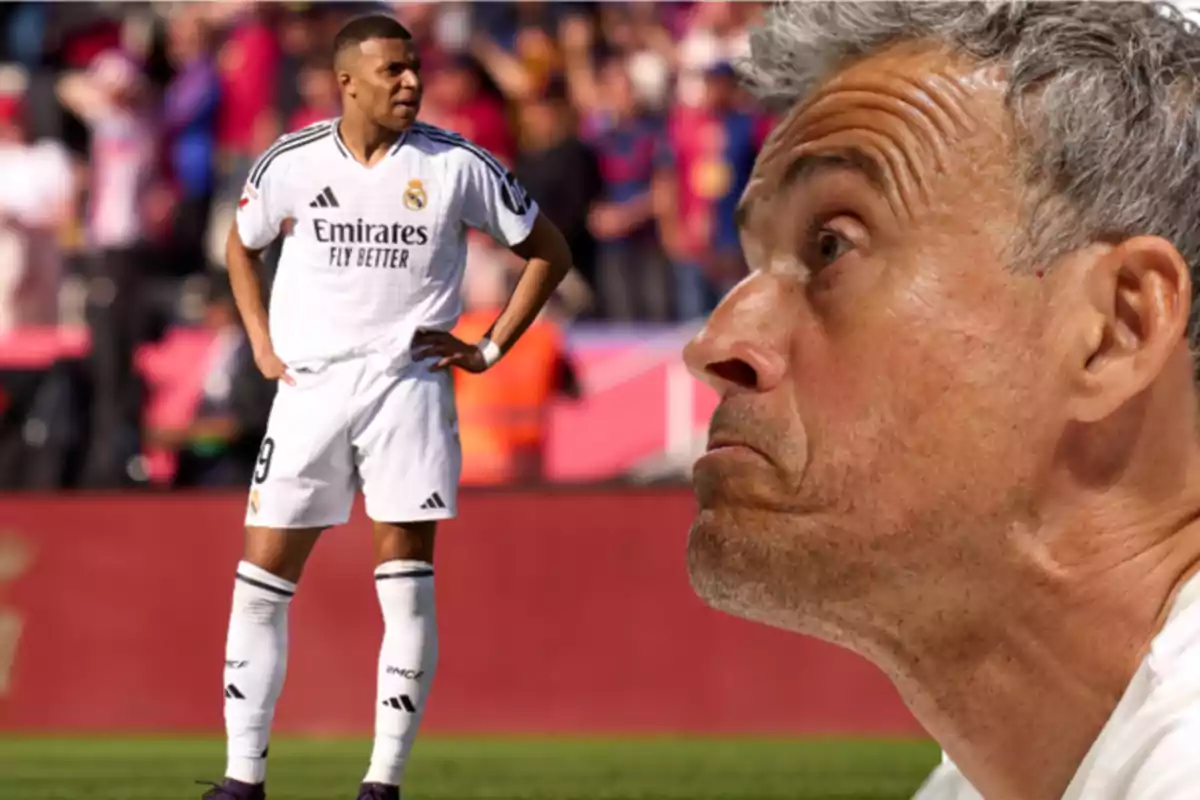 A player in a Real Madrid uniform is on the field while an older man appears in the foreground with a pensive expression.