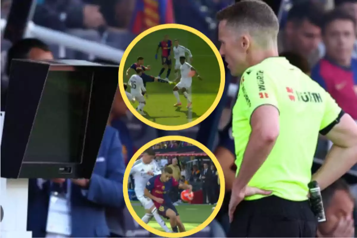 A soccer referee reviews the VAR monitor while two plays are shown in yellow circles.