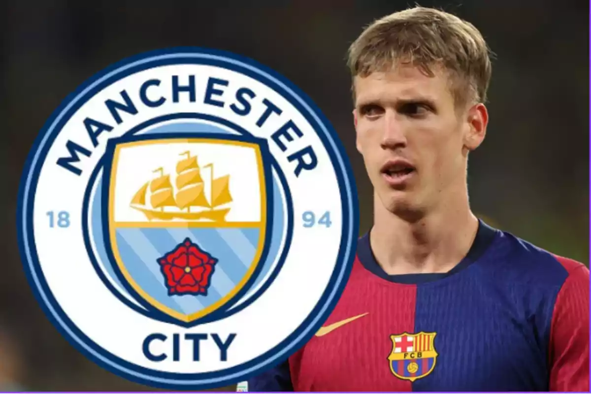 A player wearing the FC Barcelona jersey next to the Manchester City crest.