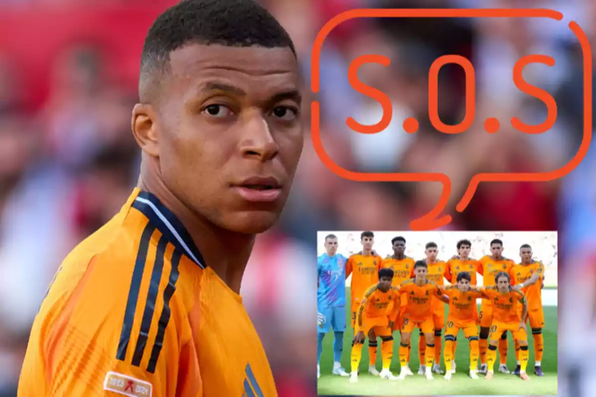 A player in an orange uniform looks at the camera, next to him is a group of players posing and a text that says "S.O.S" in a speech bubble.