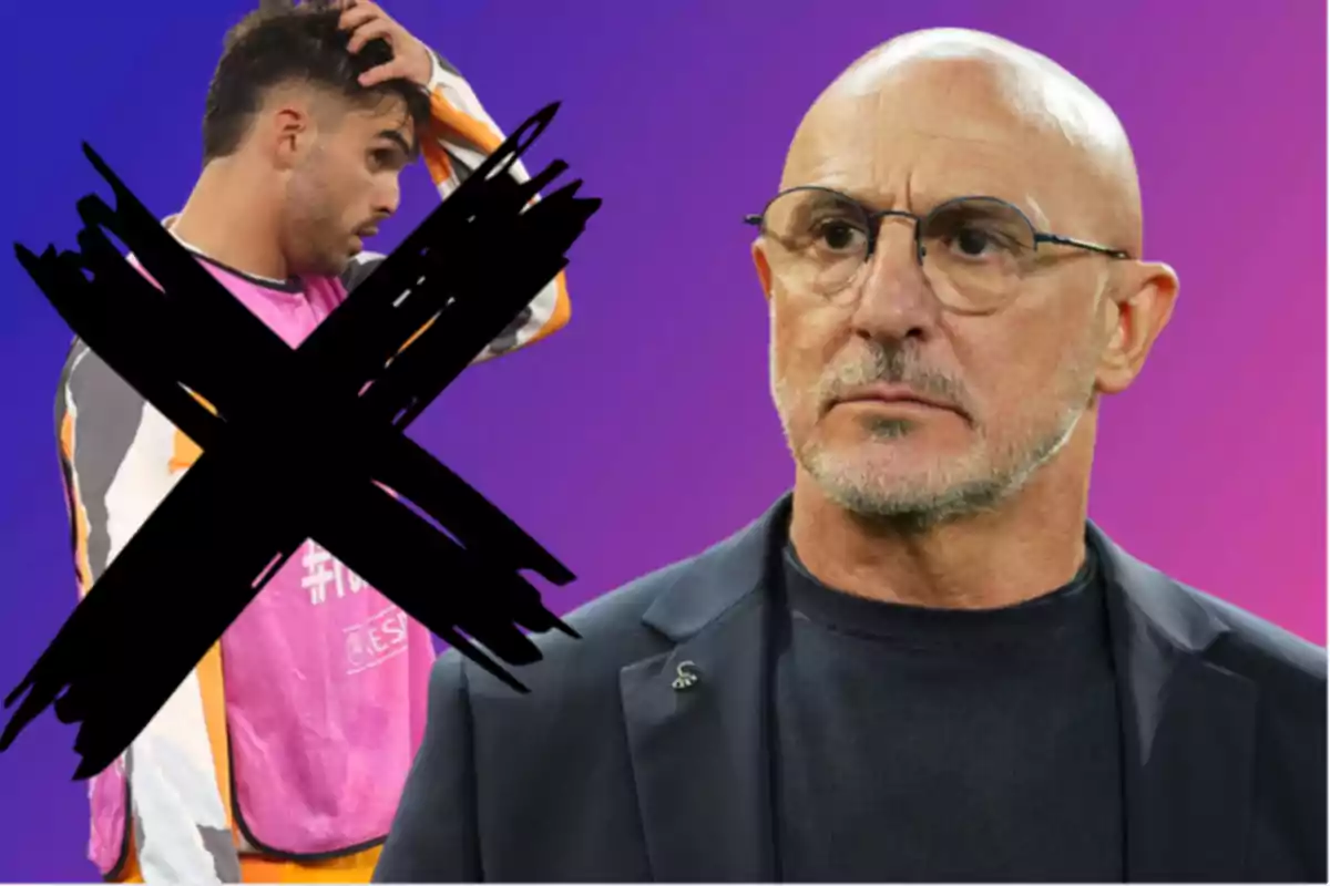 Serious coach in the foreground with a purple background and a player crossed out with a big black X
