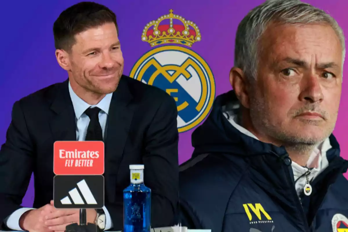Two soccer coaches with the Real Madrid crest in the background, one of them smiling at a press conference and the other looking serious.