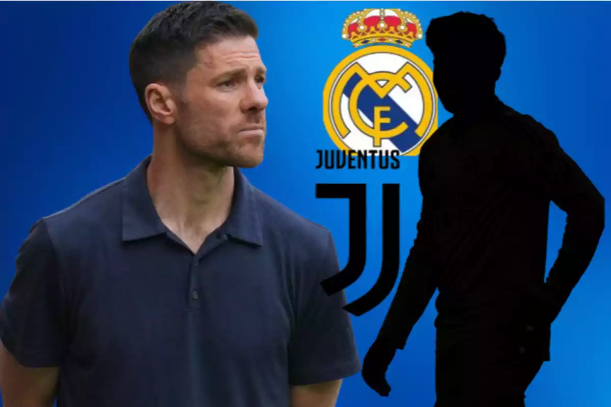 A man in a blue jersey looks to the right while the Real Madrid and Juventus crests appear in the background next to the dark silhouette of a person.