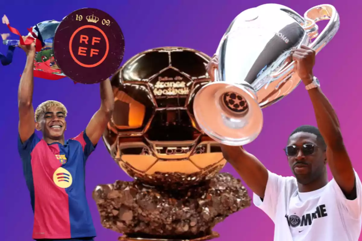 Two players celebrate with trophies while a Ballon d'Or stands out in the center against a purple gradient background.