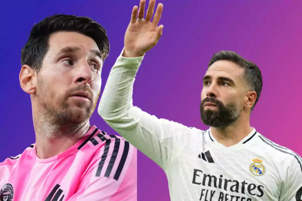 Two players wearing their respective team uniforms pose against a gradient background in shades of purple and blue.