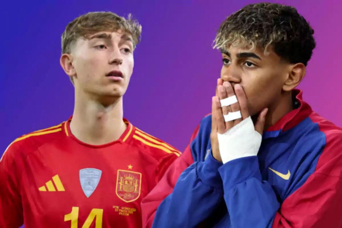 Two young players, one wearing the Spanish national team uniform and the other in a blue and red jacket, appear against a purple gradient background; the first looks serious and the second covers his mouth with bandaged hands.