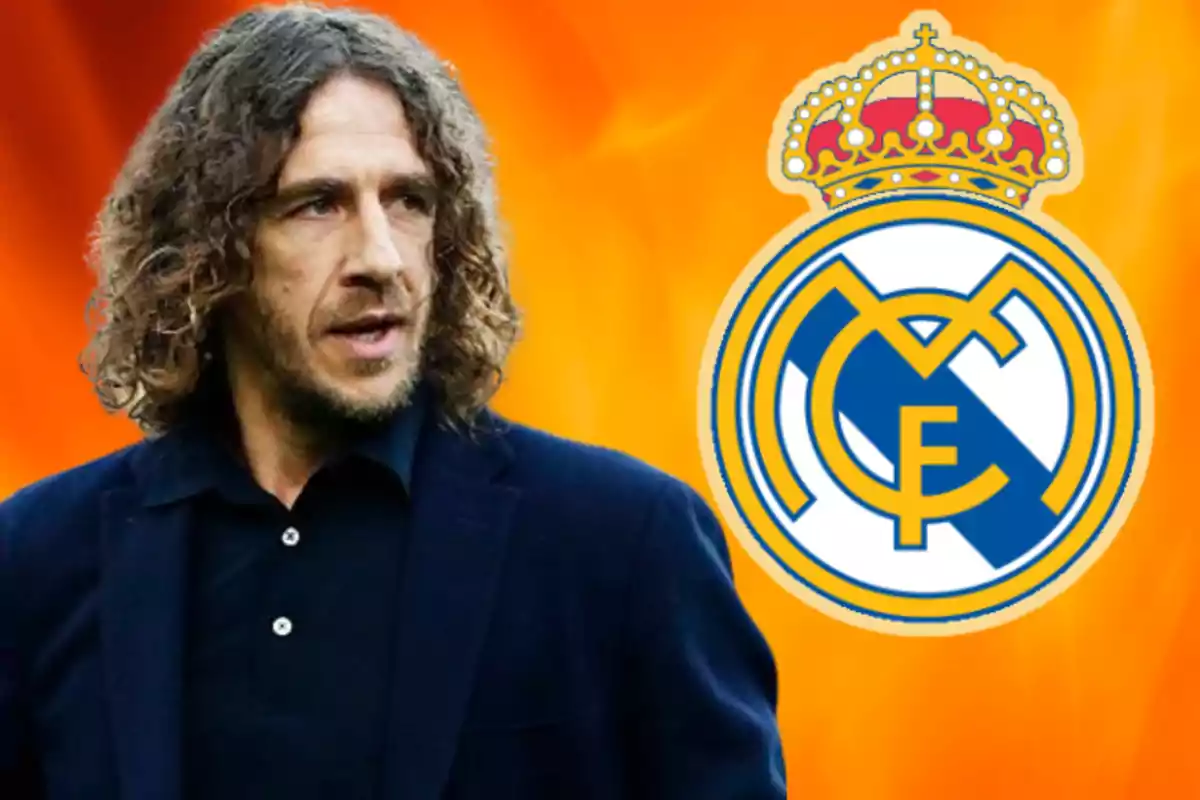 Carles Puyol con el escudo del Real Madrid