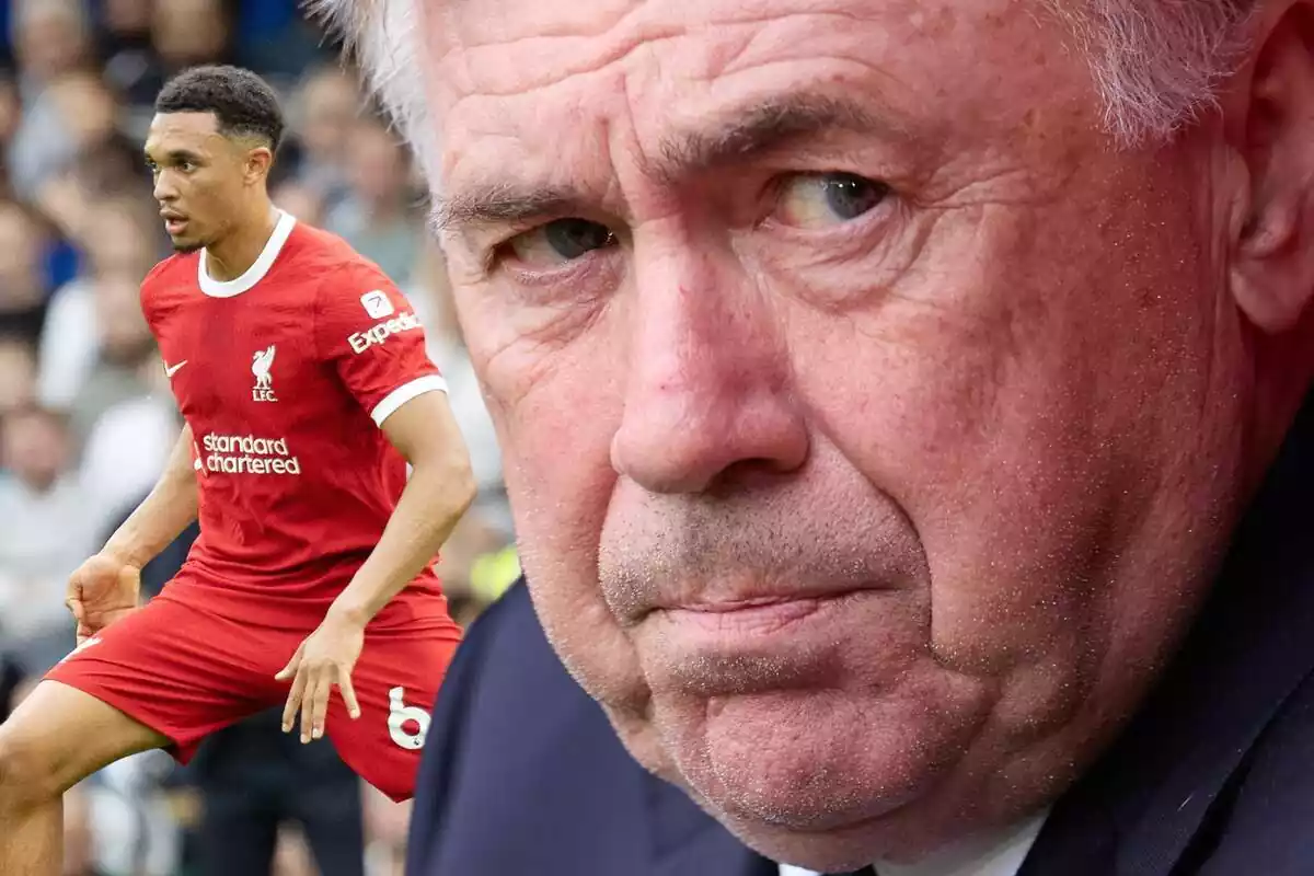 Carlo Ancelotti looks to the side with an angry face with Trent Alexander-Arnold in the background