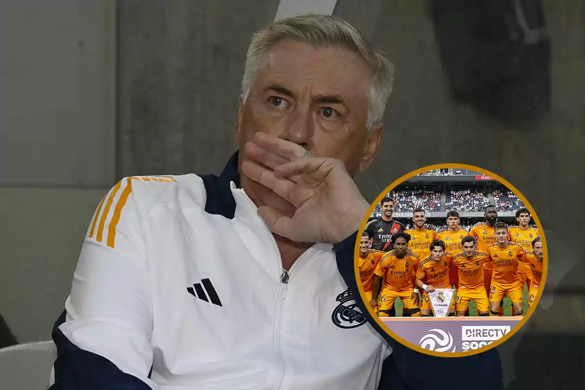 Carlo Ancelotti con chaqueta blanca y detalles naranjas se cubre la boca con la mano, mientras en un círculo se muestra a jugadores del Real Madrid posando para una foto.