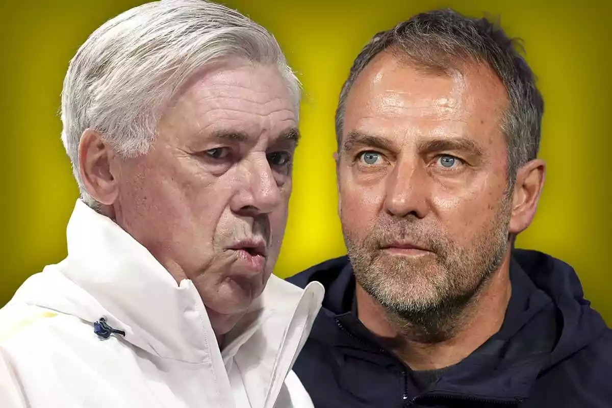 Dos hombres con expresión seria, uno con cabello canoso y chaqueta blanca, el otro con barba y chaqueta oscura, sobre un fondo amarillo.
