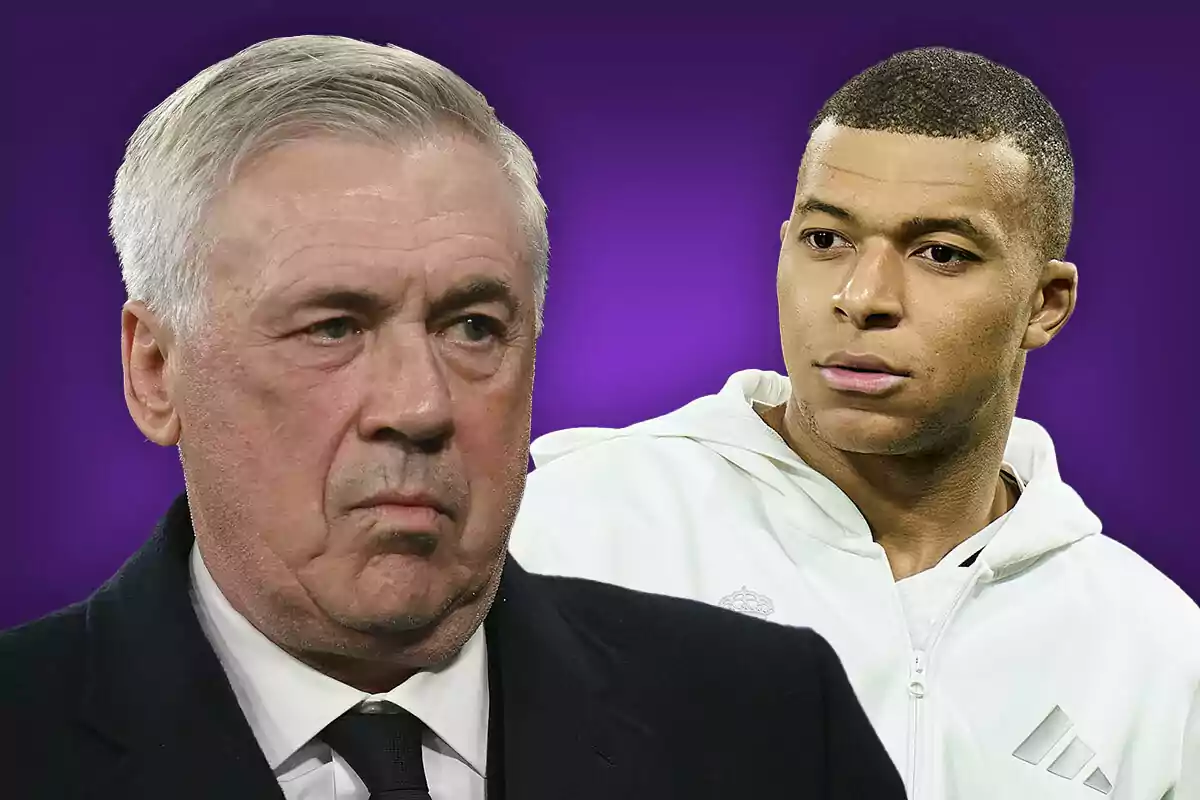 Two men with serious expressions, one with gray hair and a dark suit, the other with short hair and a white sweatjersey, against a purple background.