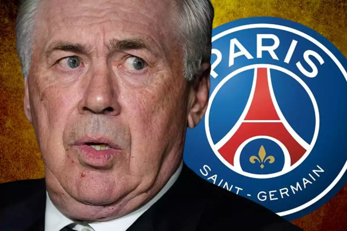 Carlo Ancelotti looking askance at a PSG shield