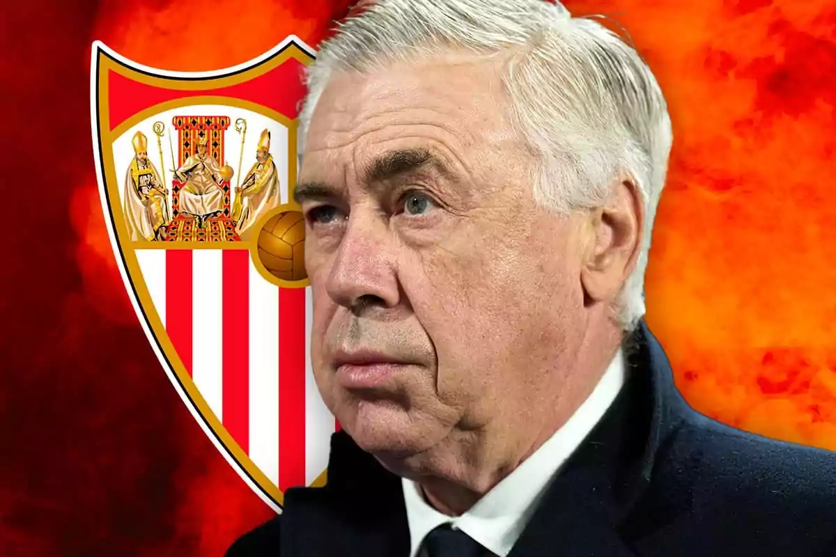 Carlo Ancelotti with a serious expression in front of Sevilla FC crest with a red background.