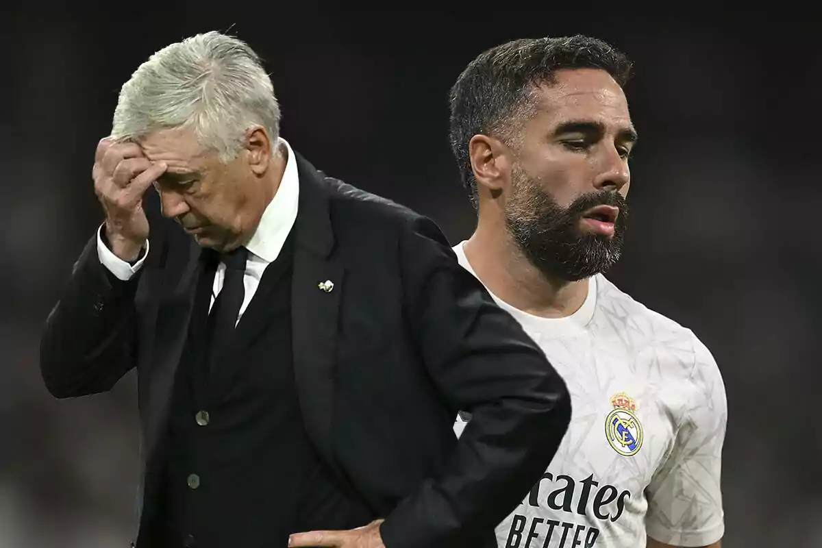 Carlo Ancelotti se toca la cabeza con expresión pensativa, mientras Dani Carvajal con camiseta blanca del Real Madrid parece concentrado.